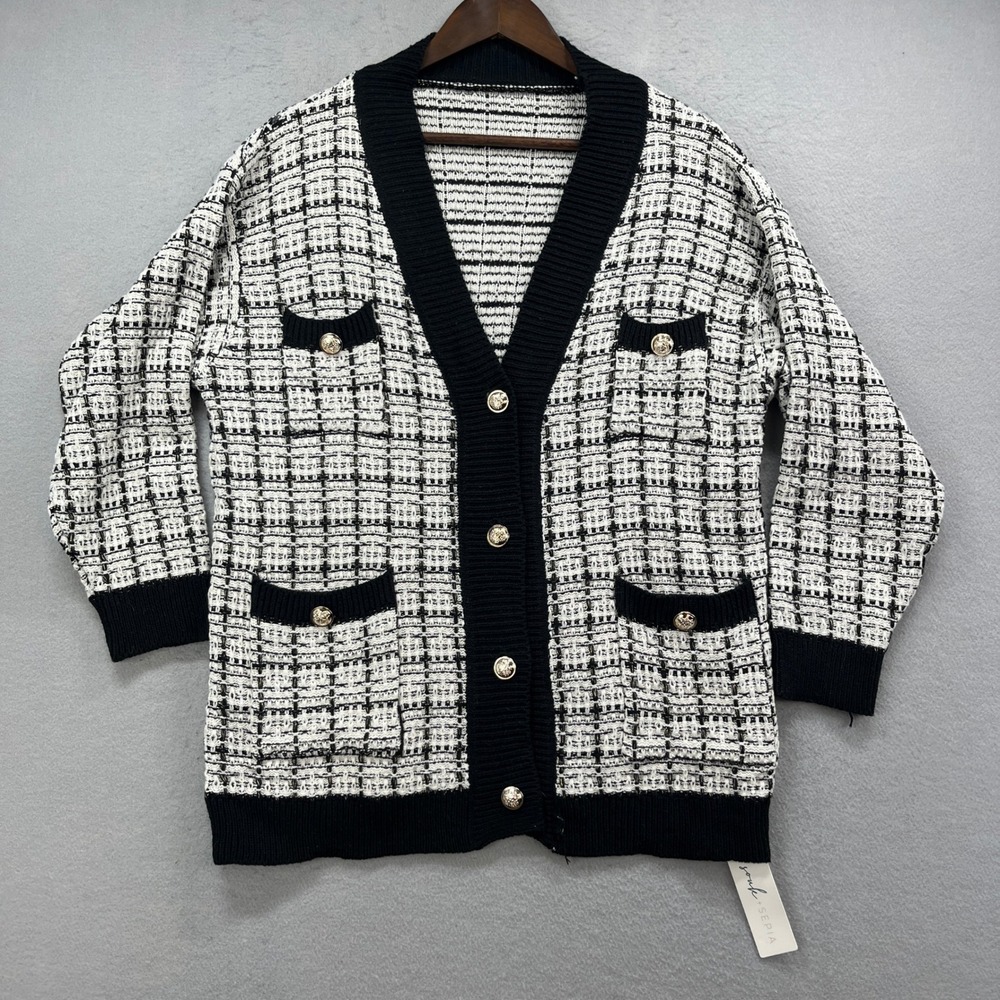 NEW Souk & Sepia Tweed‎ Cardigan Womens 23x28 Black White Gold Button Preppy